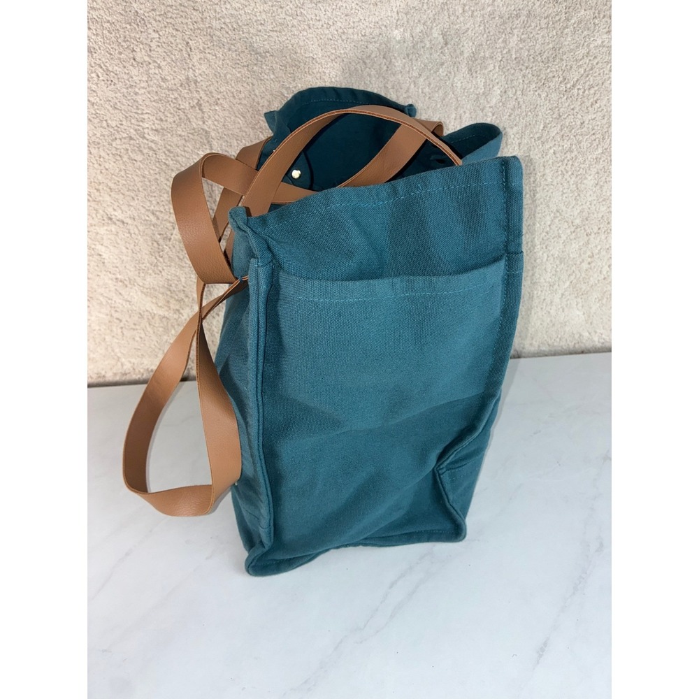 FEED Teal Canvas Tote Bag - Large - Faux Leather Straps Pockets Boho Eco Bag - Picture 6 of 10